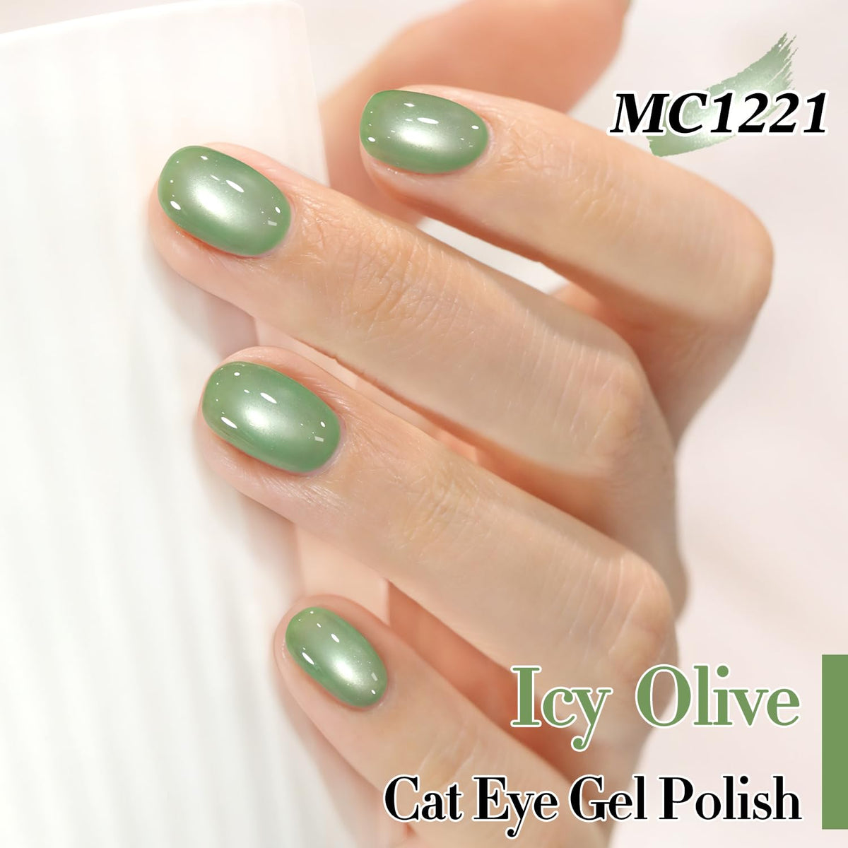 Double Rhythm Cat Eye Gel Nail Polish 15ml Icy Olive Green applied on nails