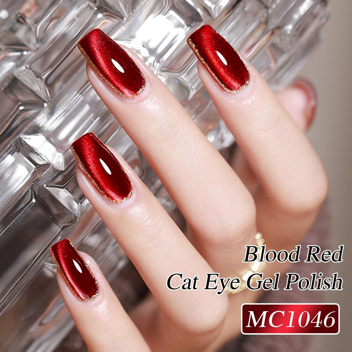 Double Rhythm Cat Eye Gel Nail Polish Blood Red applied on nails