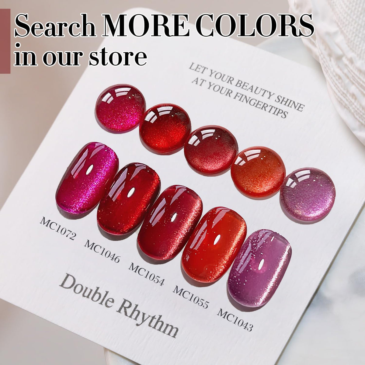 Double Rhythm Cat Eye Gel Polish 15ml dark red with glitter on display