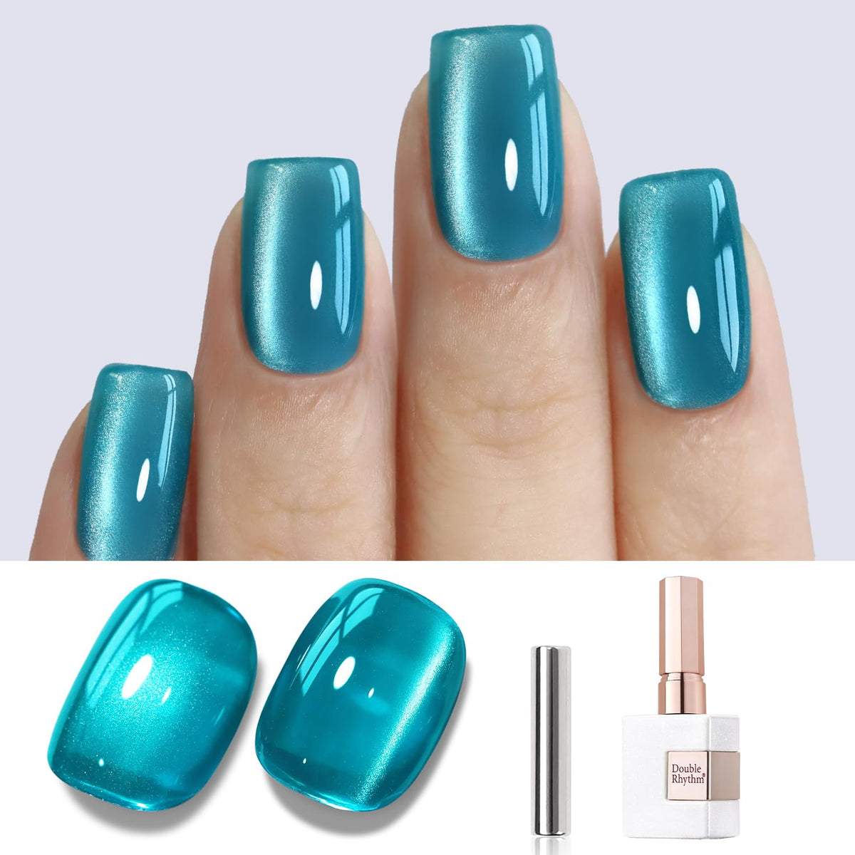 Double Rhythm Cat Eye Gel Polish 15ml in teal with holographic glitter