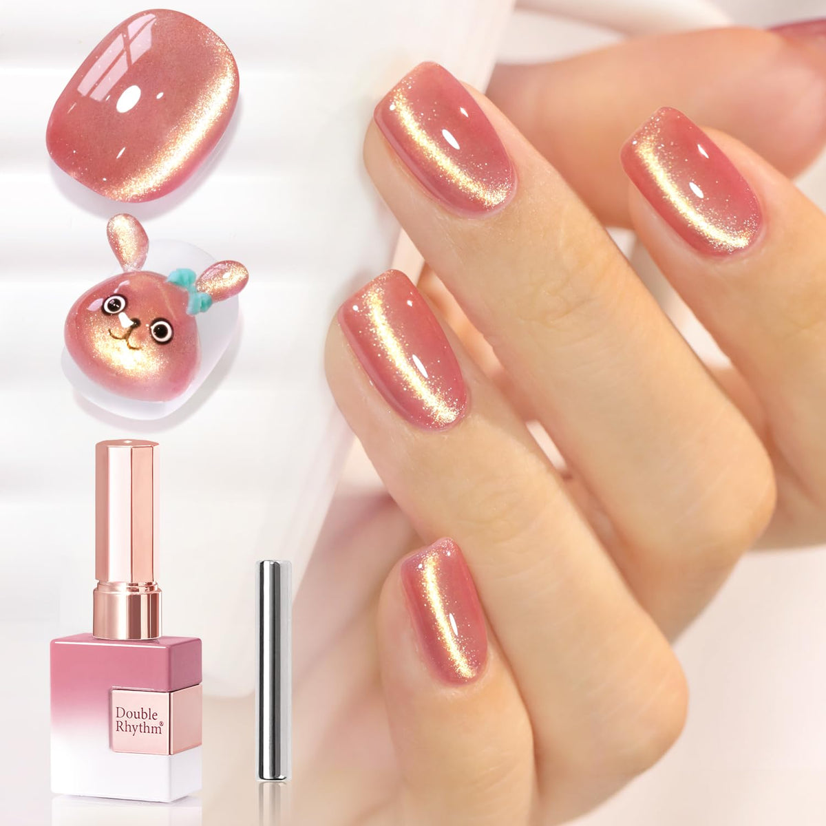 Double Rhythm Cat Eye Gel Polish 15ML Peach Pink Gold front view
