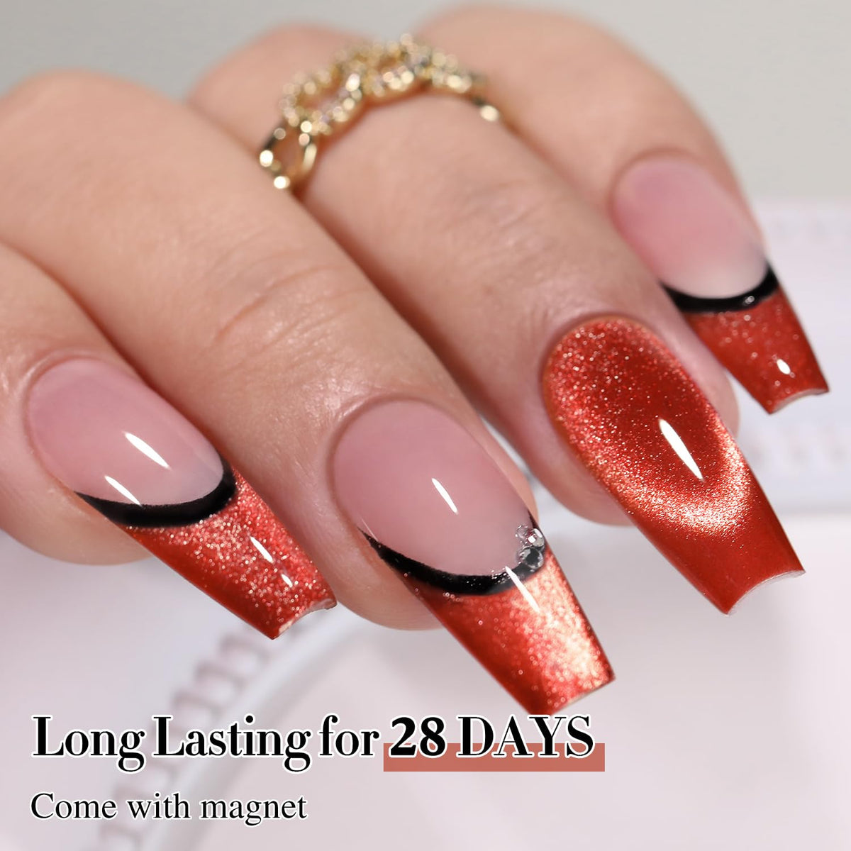 Double Rhythm Cat Eye Gel Polish 15ml Red-MC1055 bottle with holographic glitter