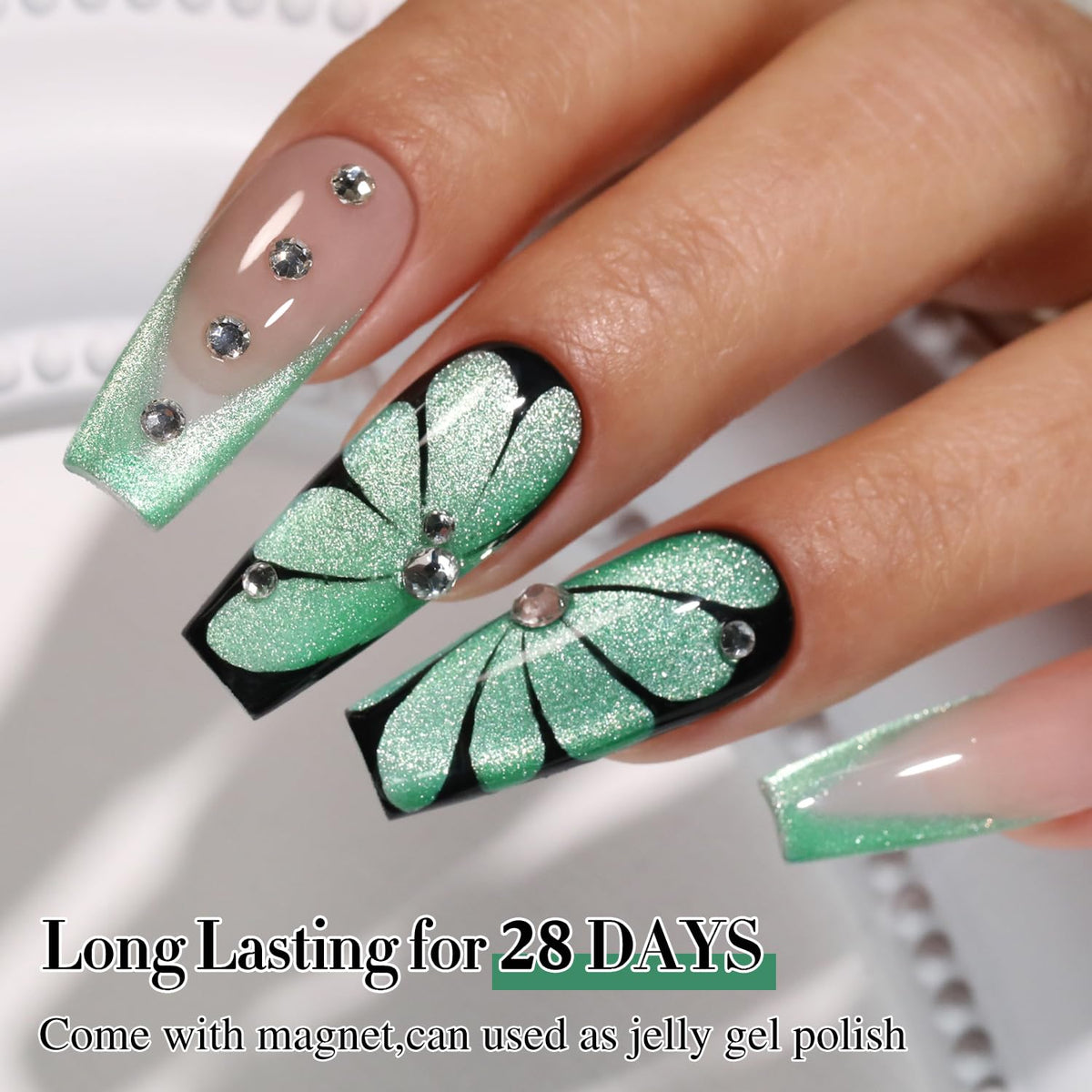 Double Rhythm Cat Eye Gel Polish 15ml Spring Green applied on nails