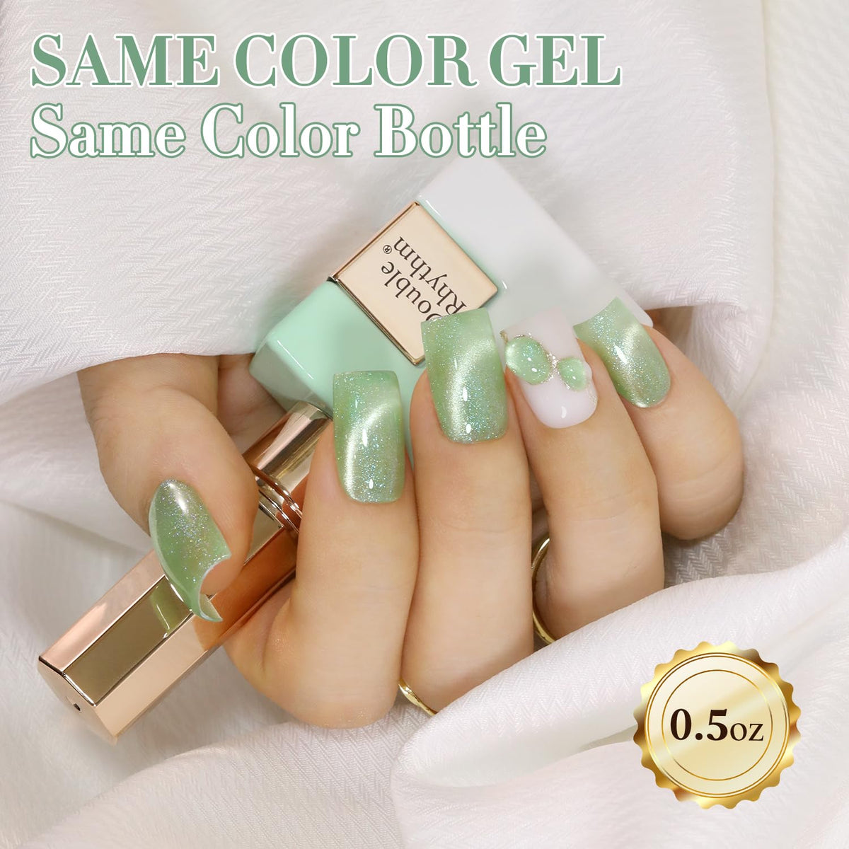 Double Rhythm Cat Eye Gel Polish 15ml Spring Green applied on nails
