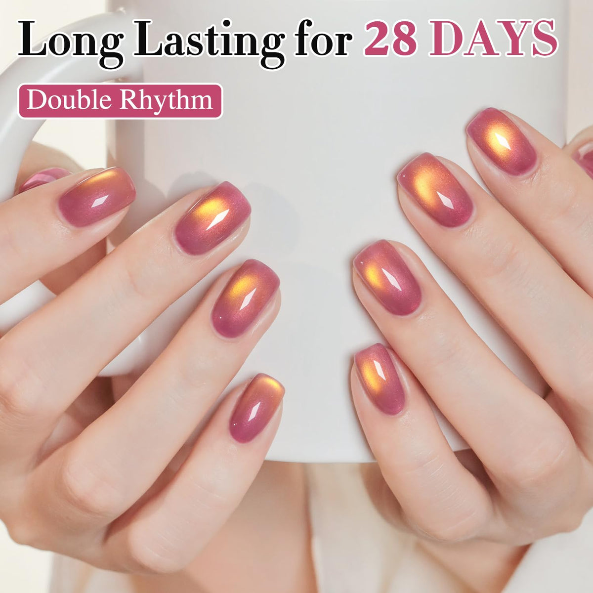 Double Rhythm Cat Eye Gel Polish applied with holographic shimmer