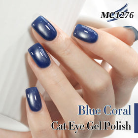 Double Rhythm Cat Eye Gel Polish Blue Coral applied on nails