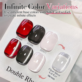 Double Rhythm Cat Eye Gel Polish with various base colours displayed