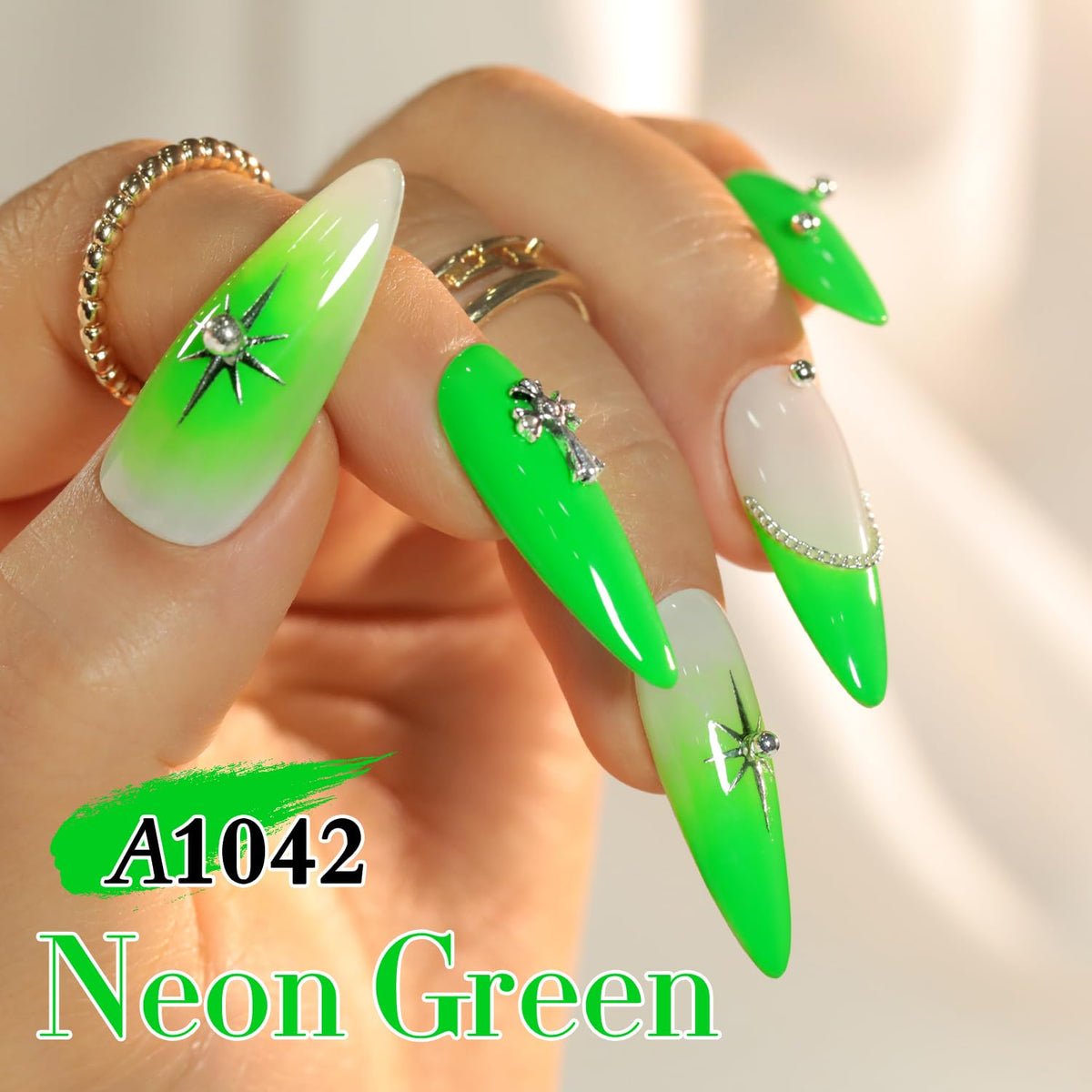 Double Rhythm Gel Nail Polish 15ML Bright Green A1042 applied on nails