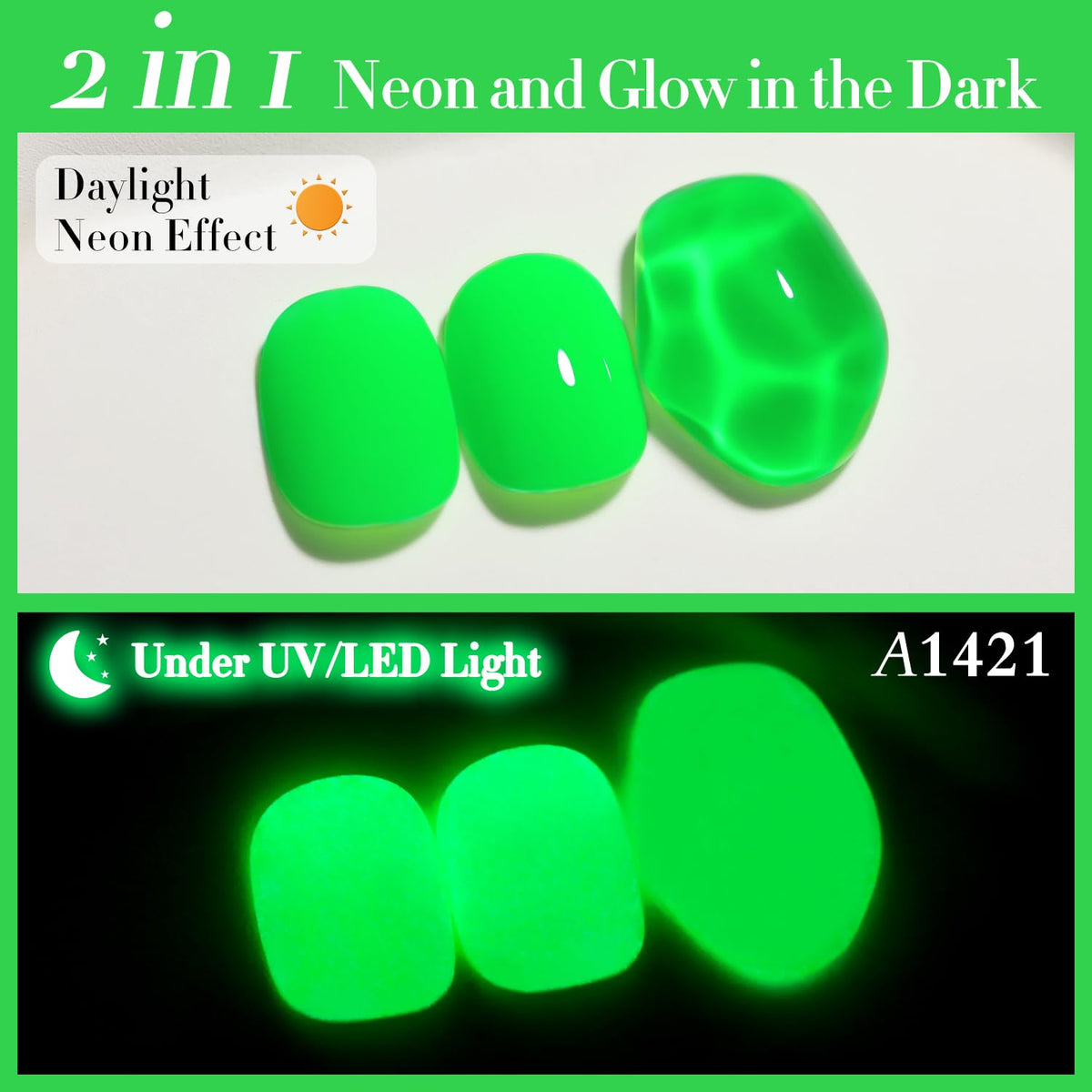 Double Rhythm Gel Polish 15ML Neon Glow Green A1421 application on nails