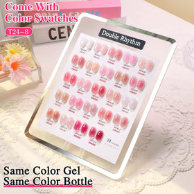 Double Rhythm gel polish bottles arranged by colour in a neat display