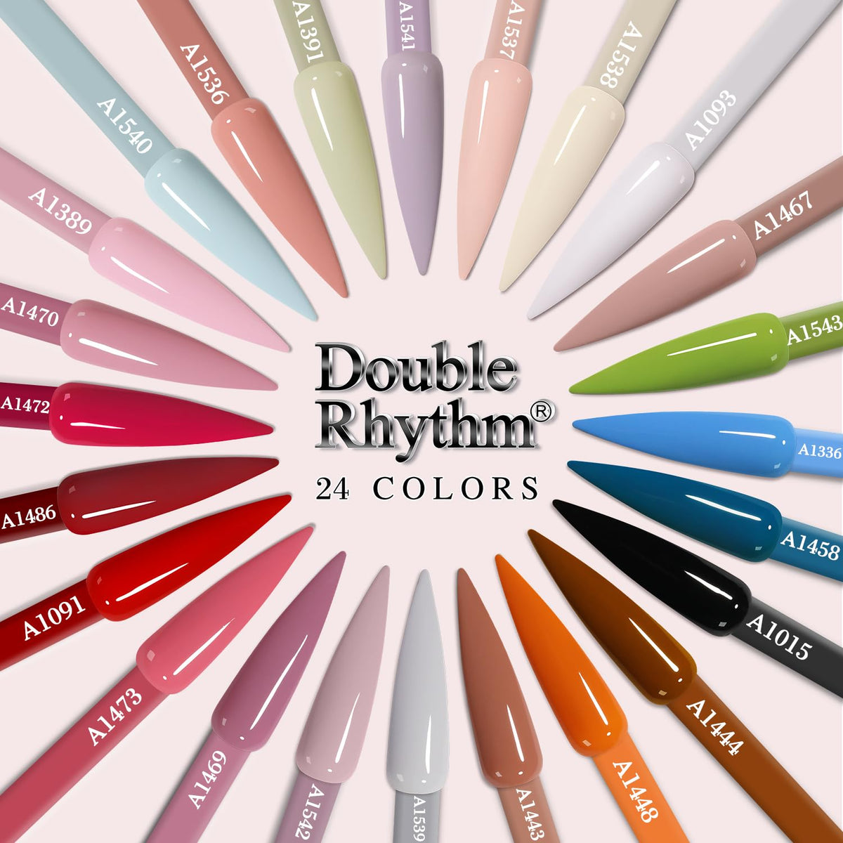 Double Rhythm gel polish bottles arranged in a row