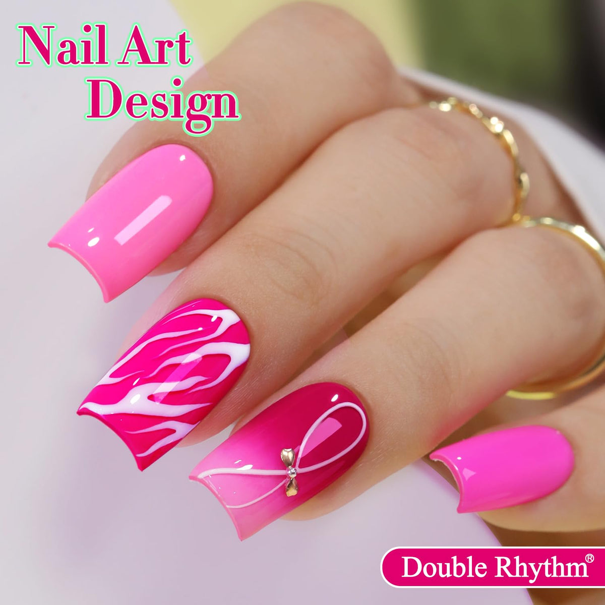 Double Rhythm Gel Polish bottles arranged on a nail art table