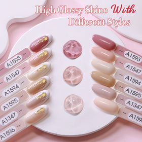Double Rhythm Gel Polish bottles in a row showing colour variety