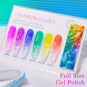 Double Rhythm Gel Polish bottles in pink, purple, blue, green, yellow