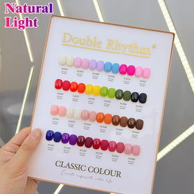 Double Rhythm gel polish bottles with clear top and base gels
