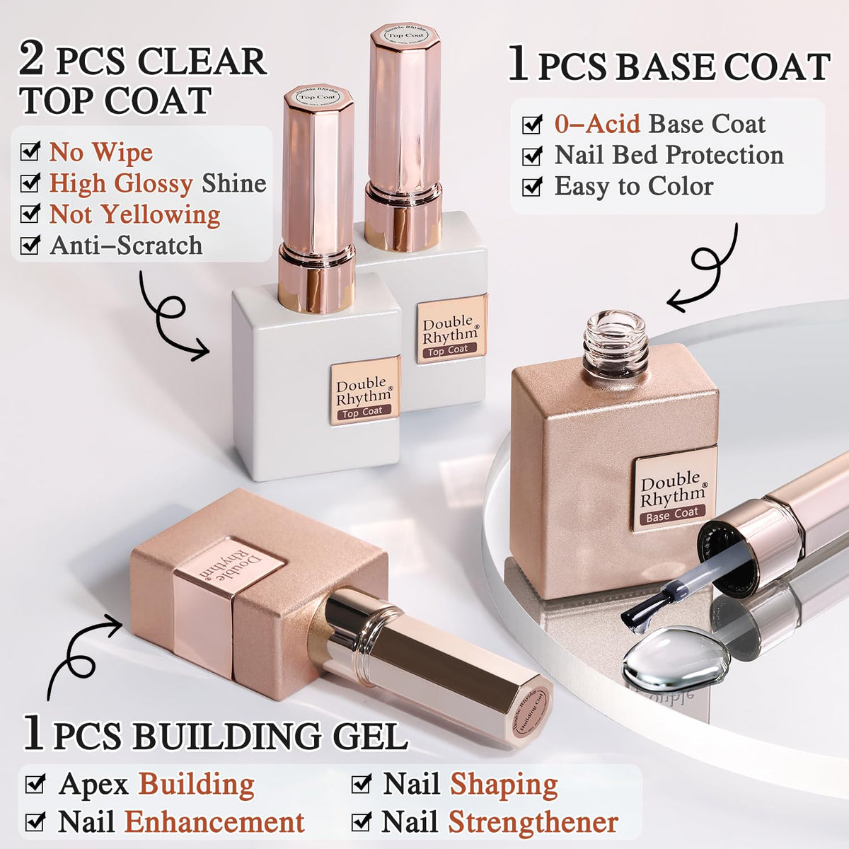 Double Rhythm gel polish bottles with top and base coat included