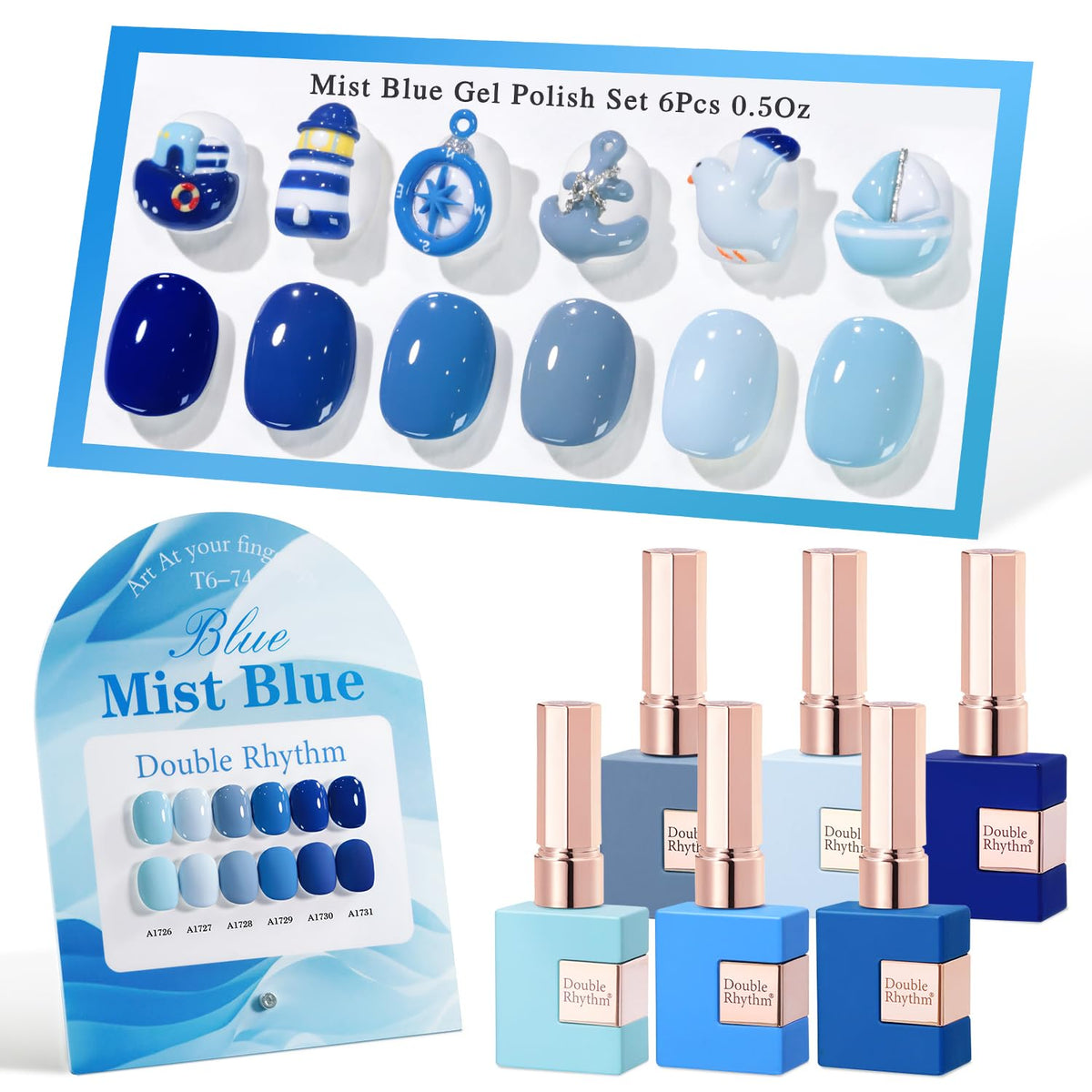 Double Rhythm Gel Polish Set 6 Pcs 15ml in pale dark midnight blue and grey