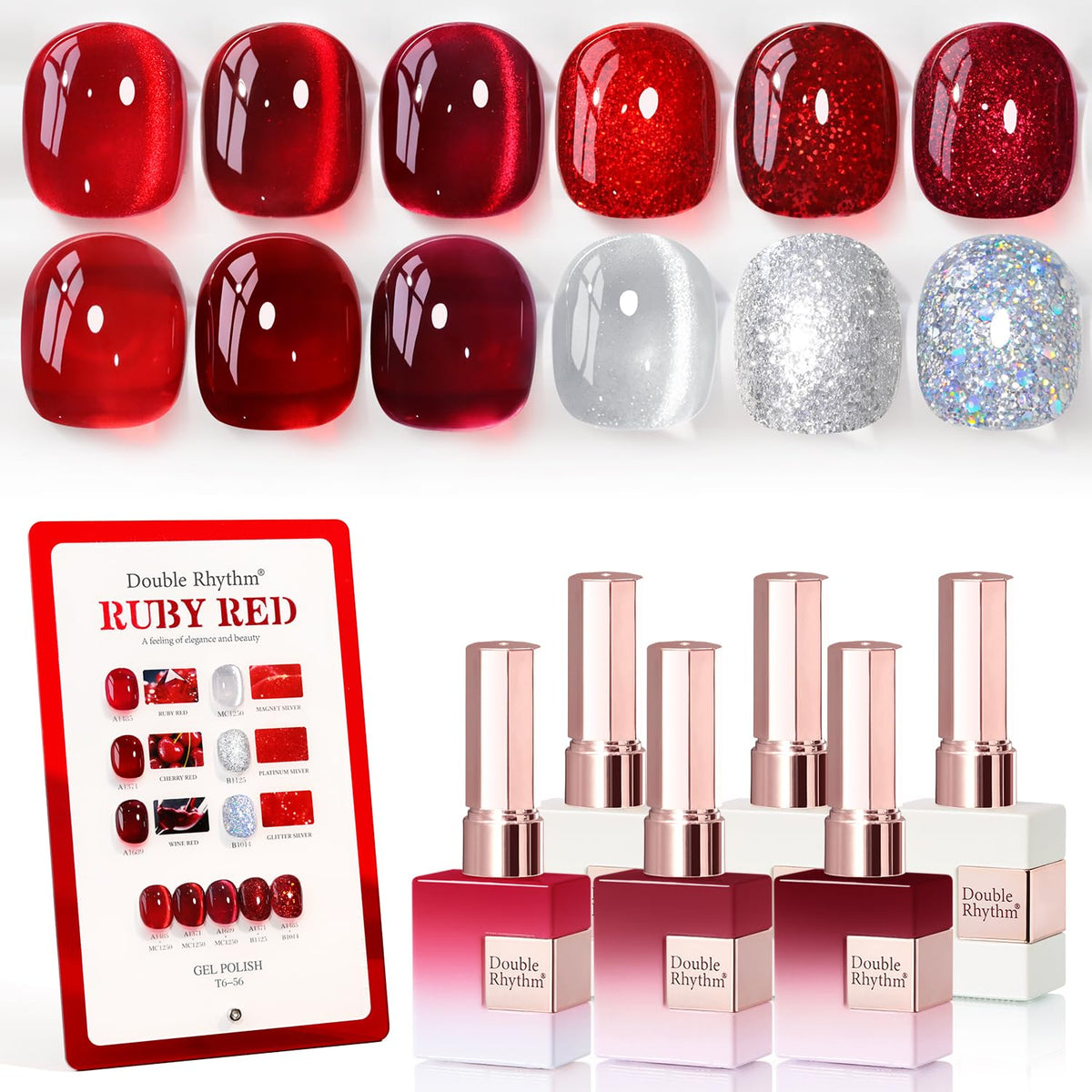 Double Rhythm Gel Polish Set 6 Pcs 15ml Jelly Burgundy Red Glitter front view