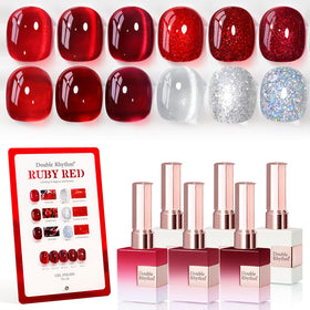 Double Rhythm Gel Polish Set 6 Pcs 15ml Jelly Burgundy Red Glitter front view