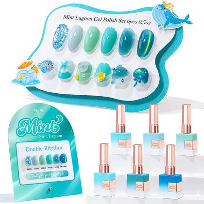Double Rhythm Gel Polish Set 6 Pcs 15ml Teal Mint Green front view