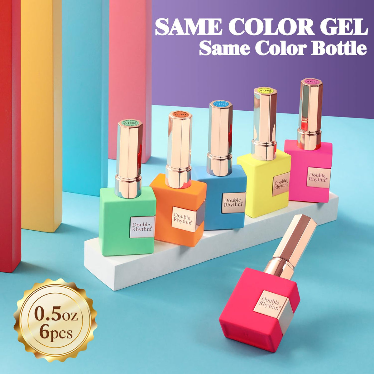 Double Rhythm Gel Polish Set 6 Pcs 15ml with base and top coat