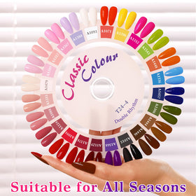 Double Rhythm gel polish set with all 28 colours displayed