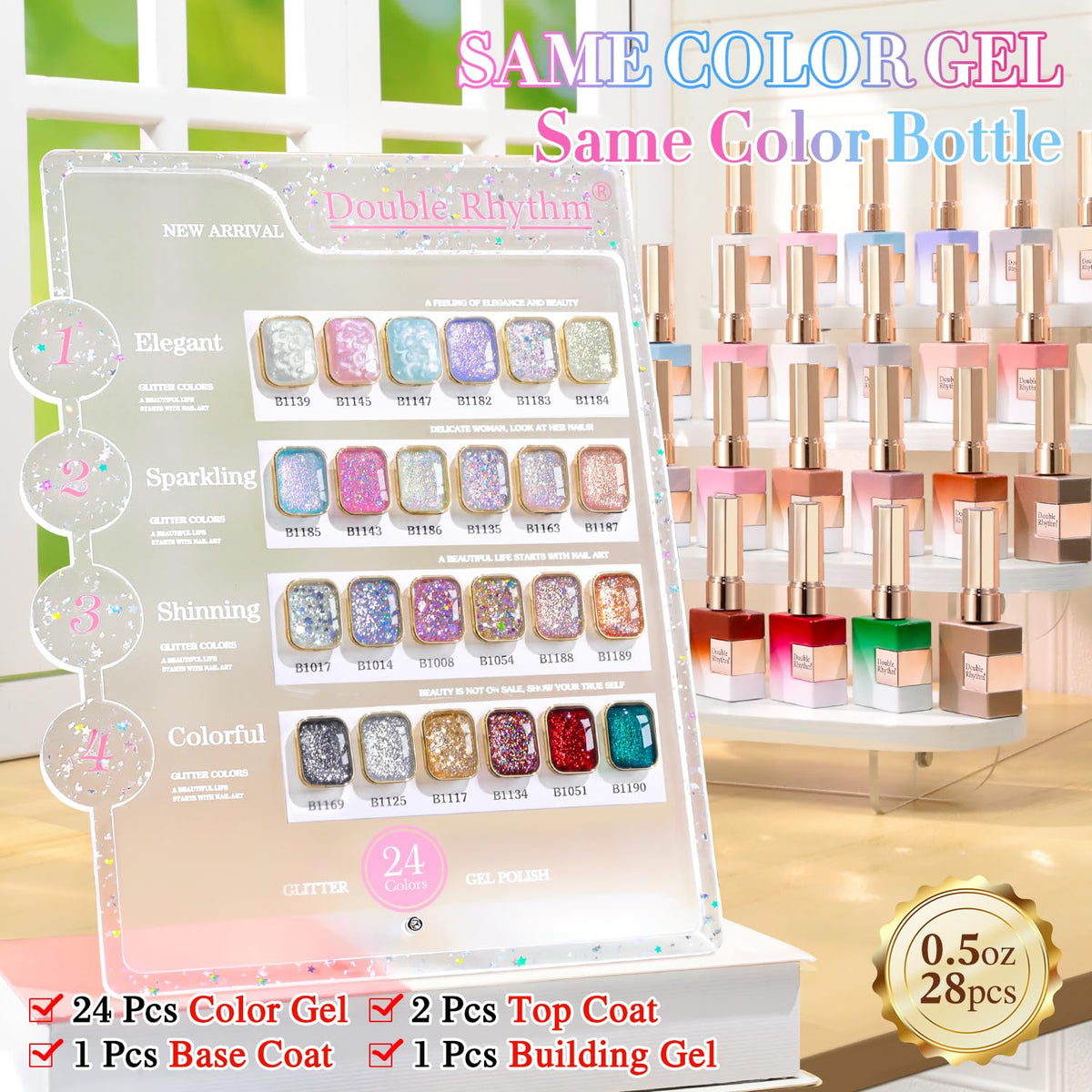 Double Rhythm gel polish set with various colours displayed
