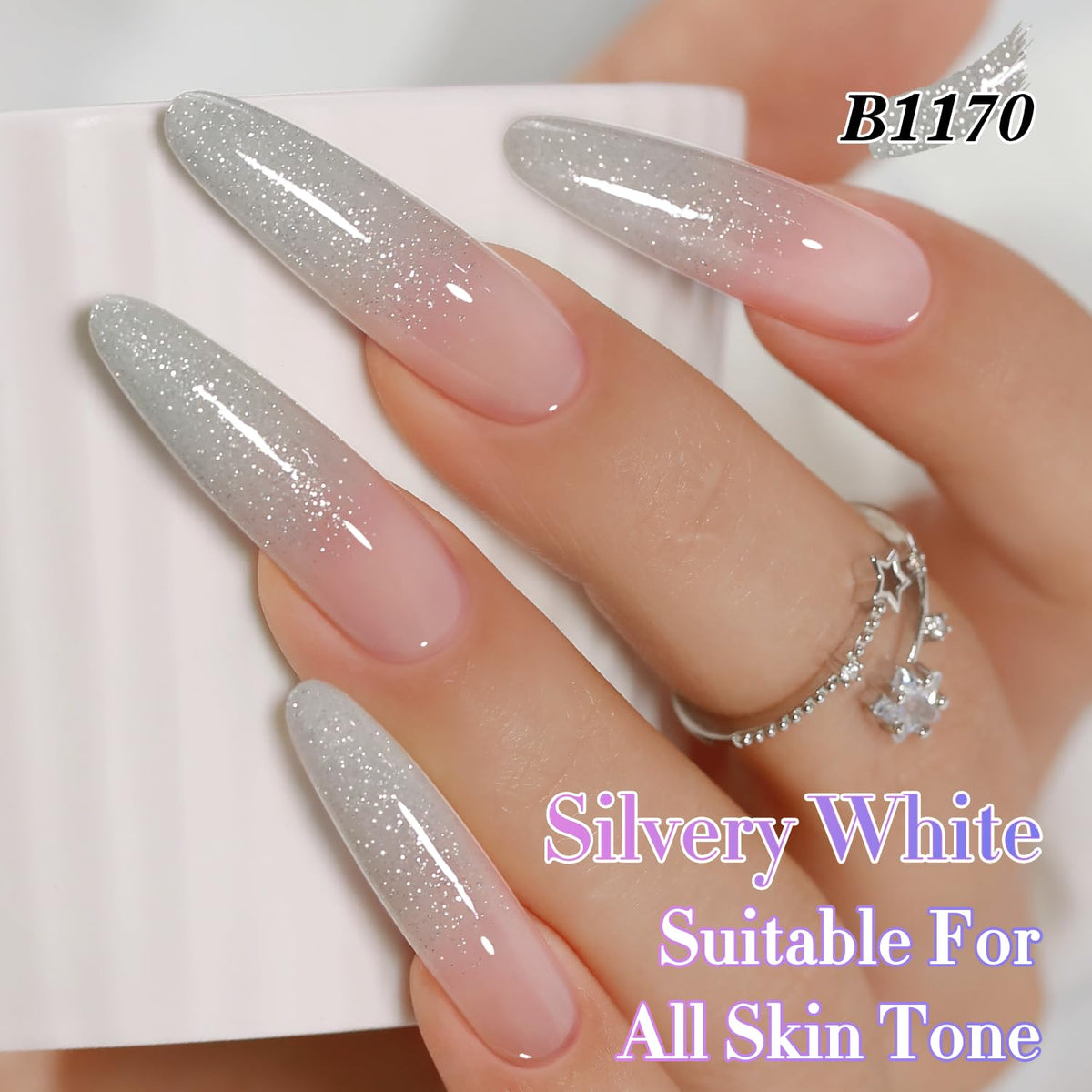 Double Rhythm Glitter Gel Polish 15ml Shimmer Silver applied on nails