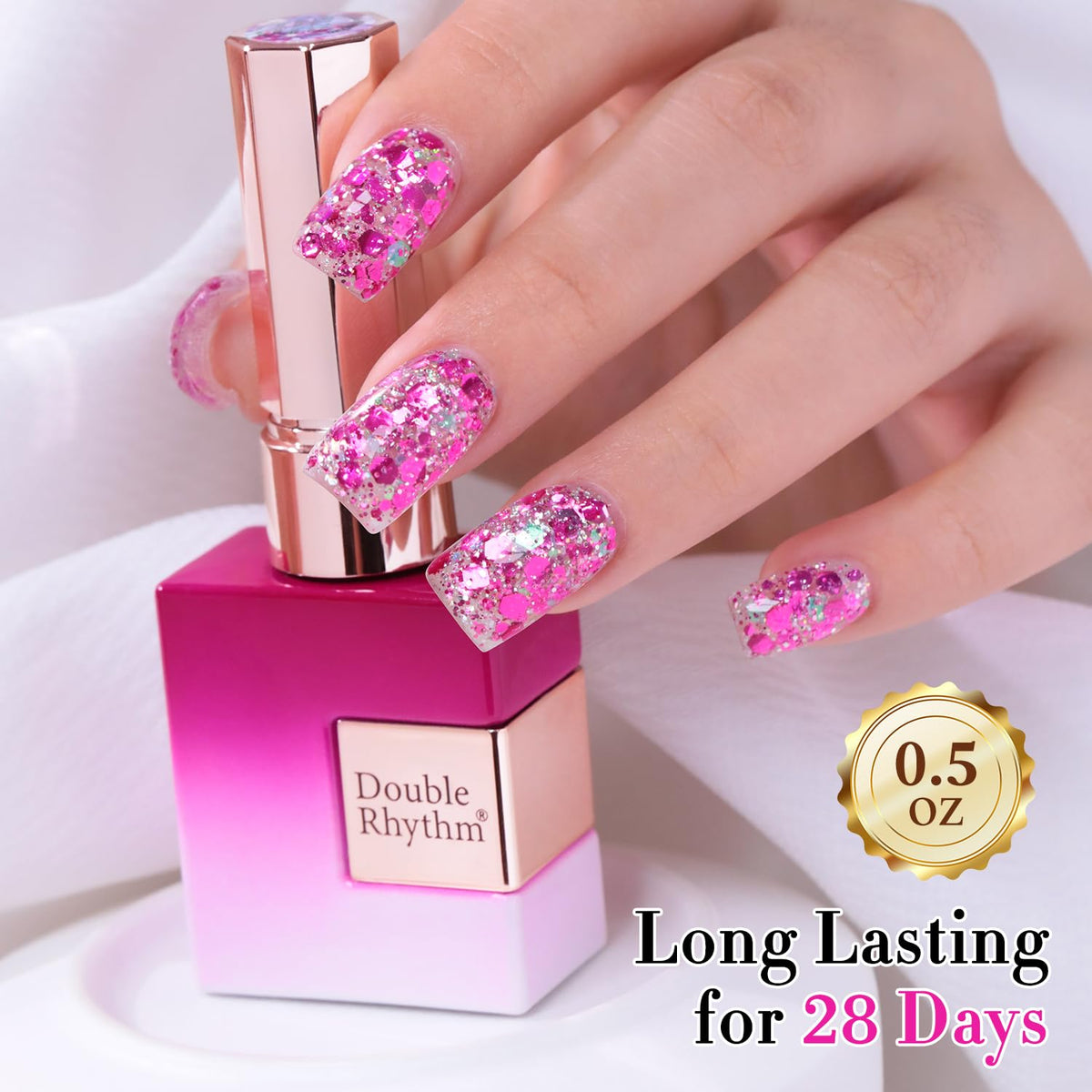 Double Rhythm Glitter Gel Polish bottle with colourful background