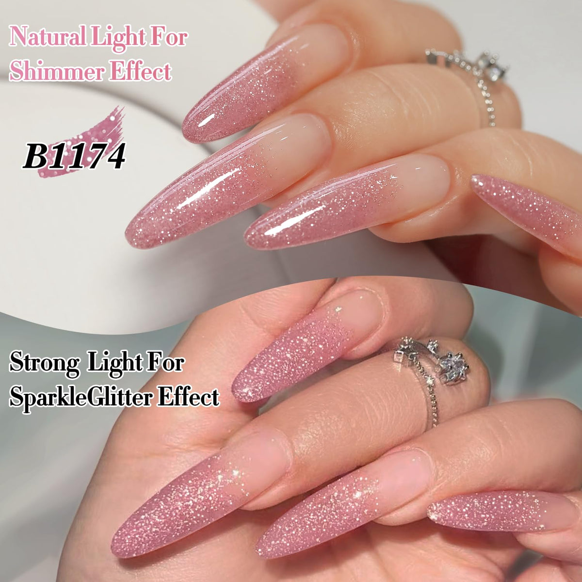 Double Rhythm Glitter Gel Polish Light Pink B1174 in nail art display