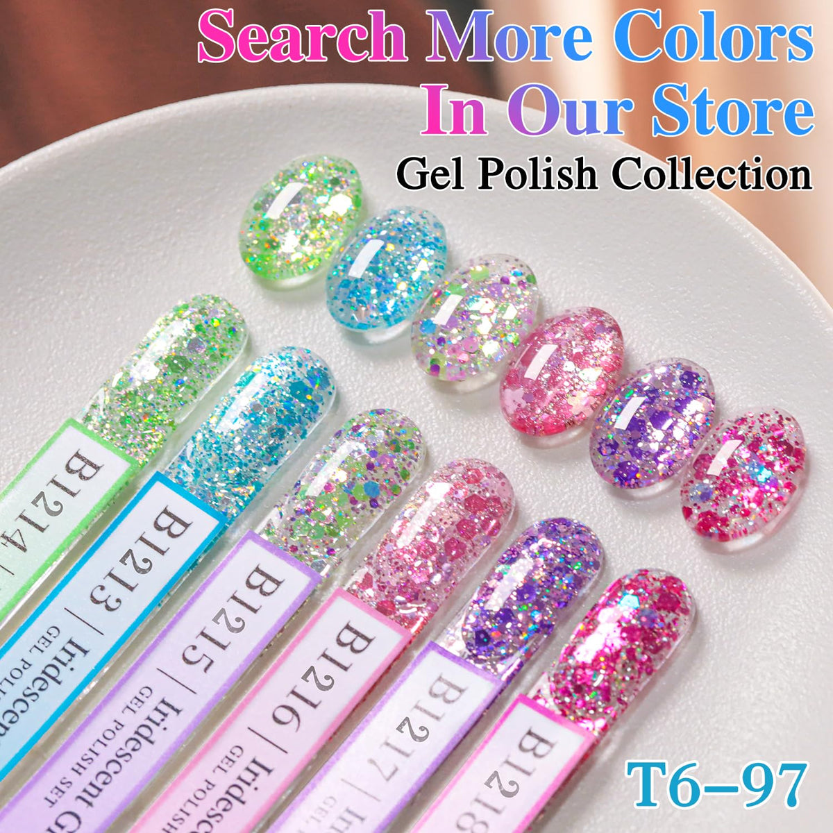 Double Rhythm Glitter Gel Polish Sparkle Rose on a nail art display