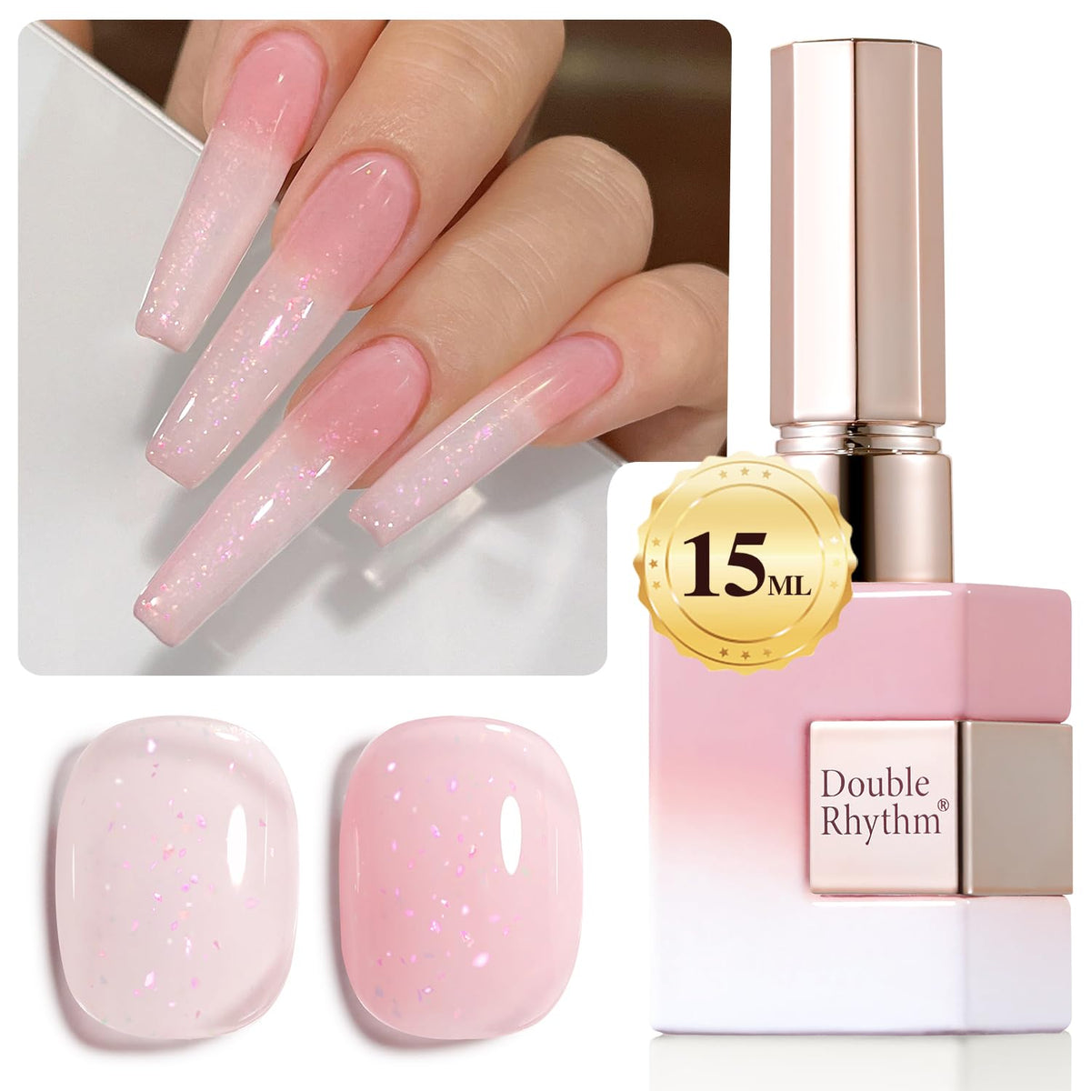 Double Rhythm Jelly Gel Polish 15ml milky pink glitter front view