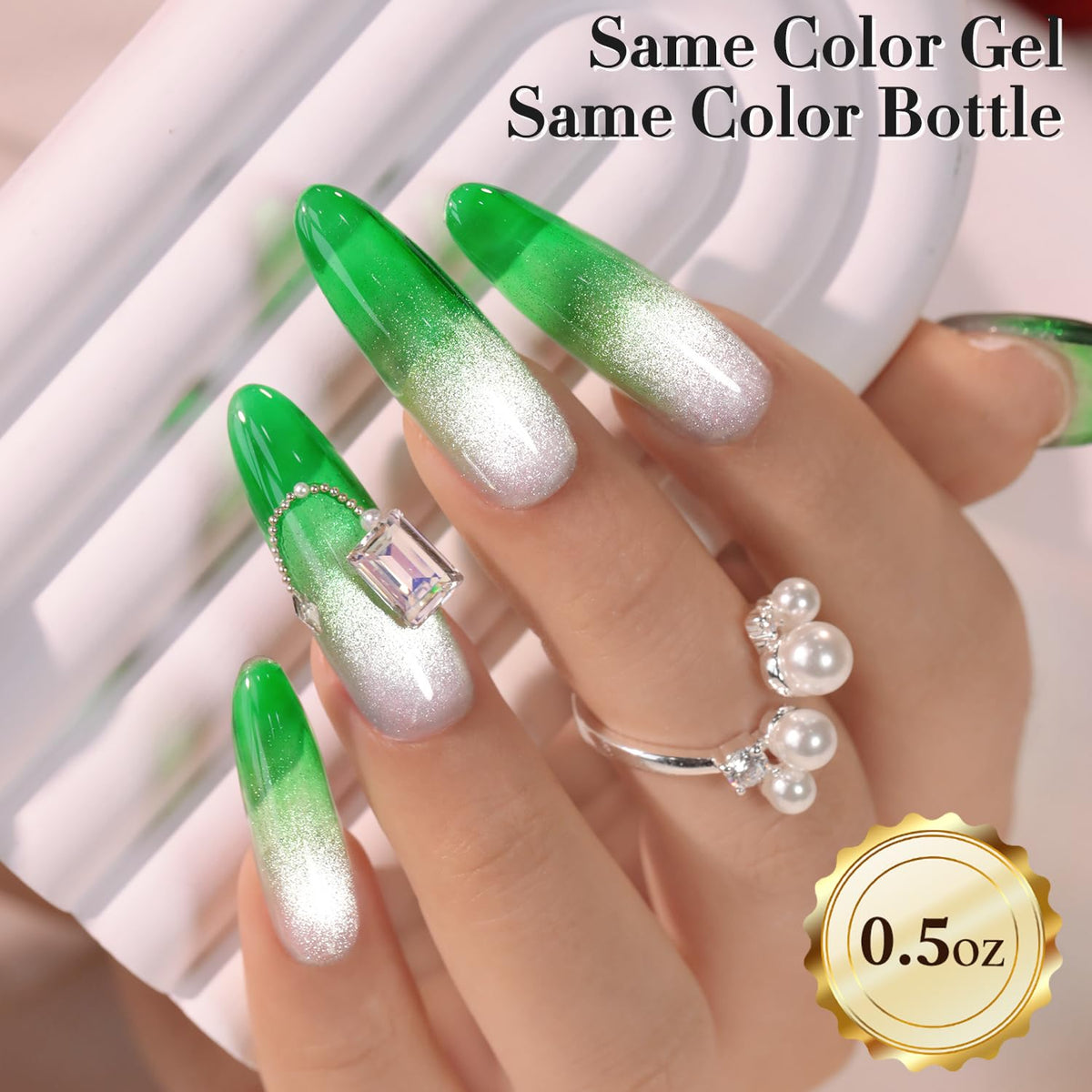 Double Rhythm Jelly Gel Polish in Crystal Green on a nail display