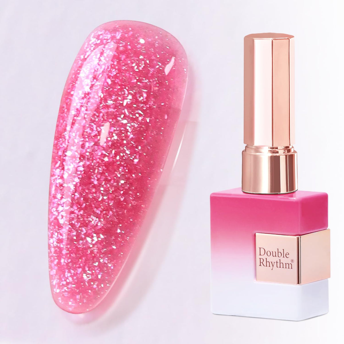 Double Rhythm Snow Glitter Gel Polish Bright Rose Pink 15ML front view