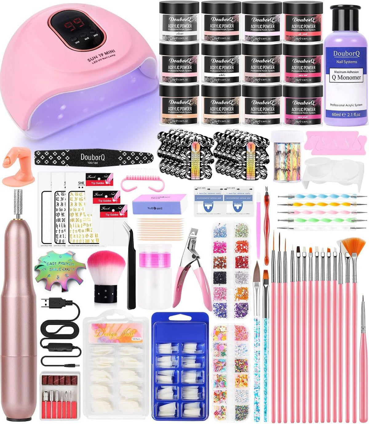 DouborQ Acrylic Nail Art Kit complete set with UV lamp and drill