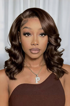Douyin Chocolate Brown Bob Wig front view with body wave style