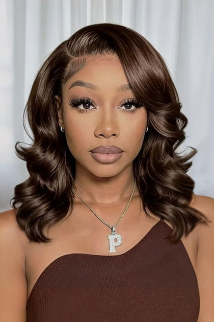 Douyin Chocolate Brown Bob Wig front view with body wave style