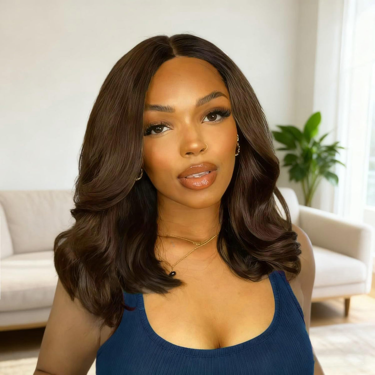 Douyin Chocolate Brown Bob Wig showing adjustable straps and combs