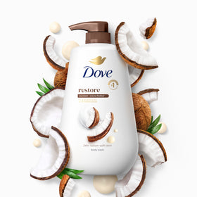 Dove 24hr Lotion Body Wash Coconut & Cocoa Butter label close-up