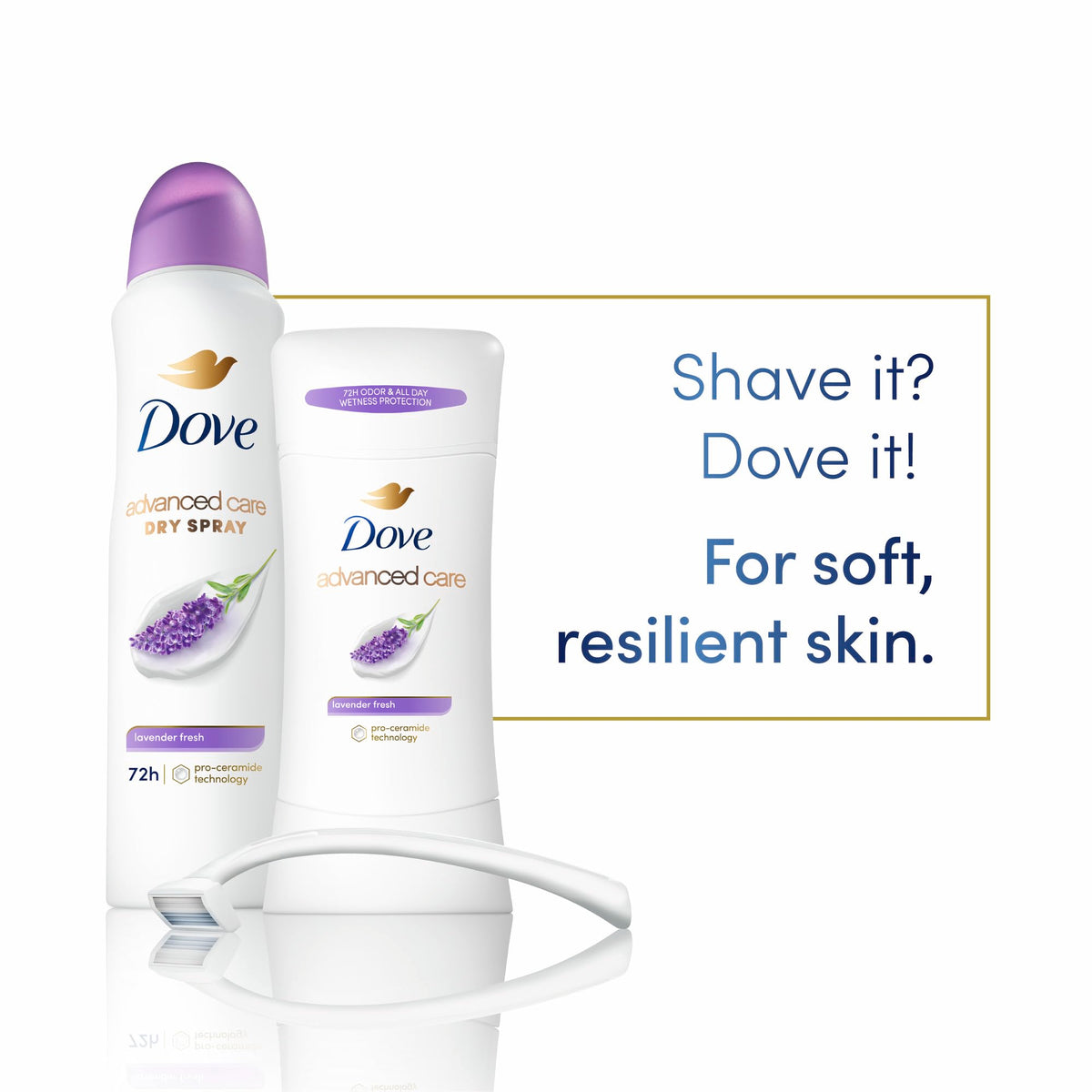 Dove Advanced Care Antiperspirant Deodorant Stick Lavender Fresh with lavender flowers