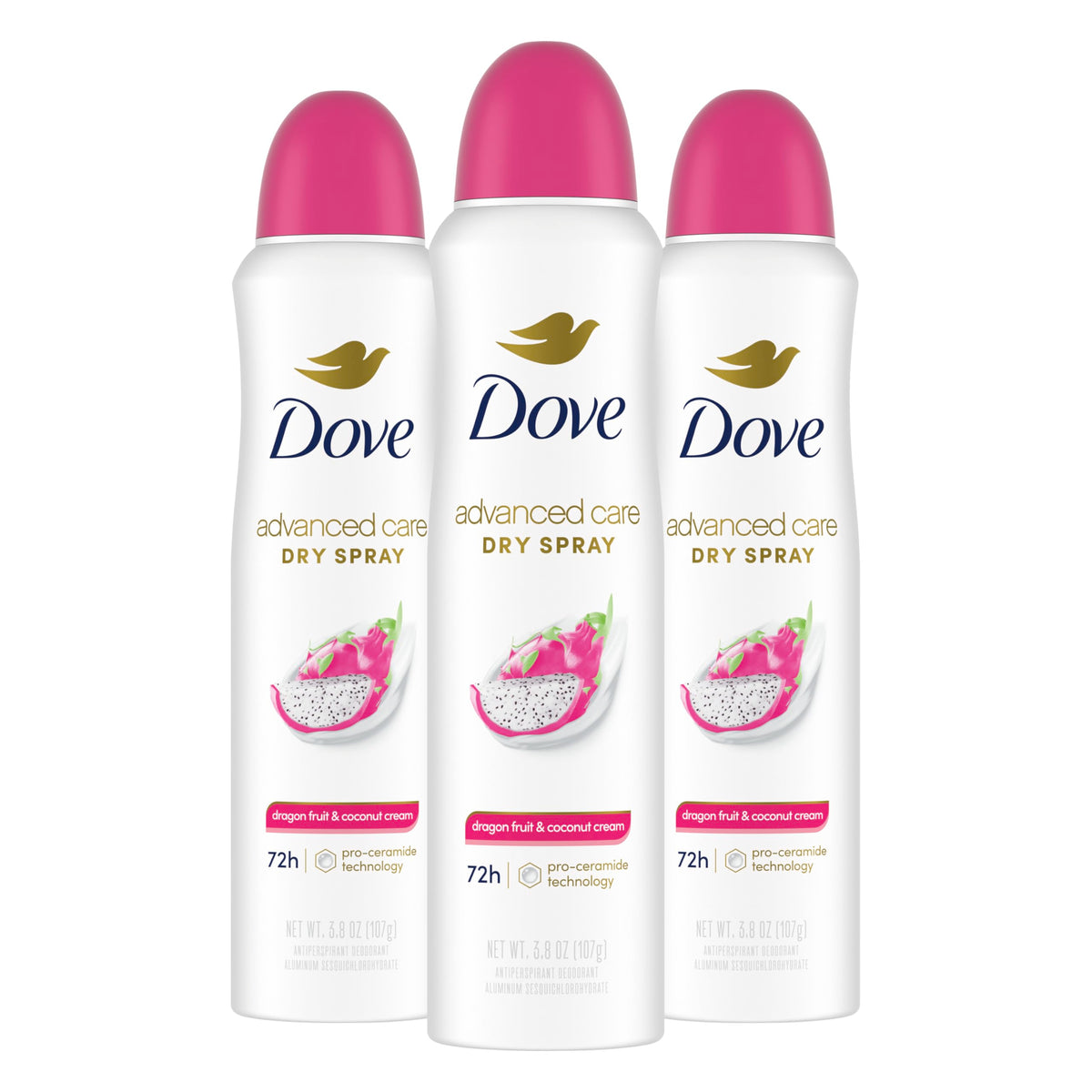 Dove Advanced Care Antiperspirant Spray 3 Pack, Dragon Fruit & Coconut Cream front view