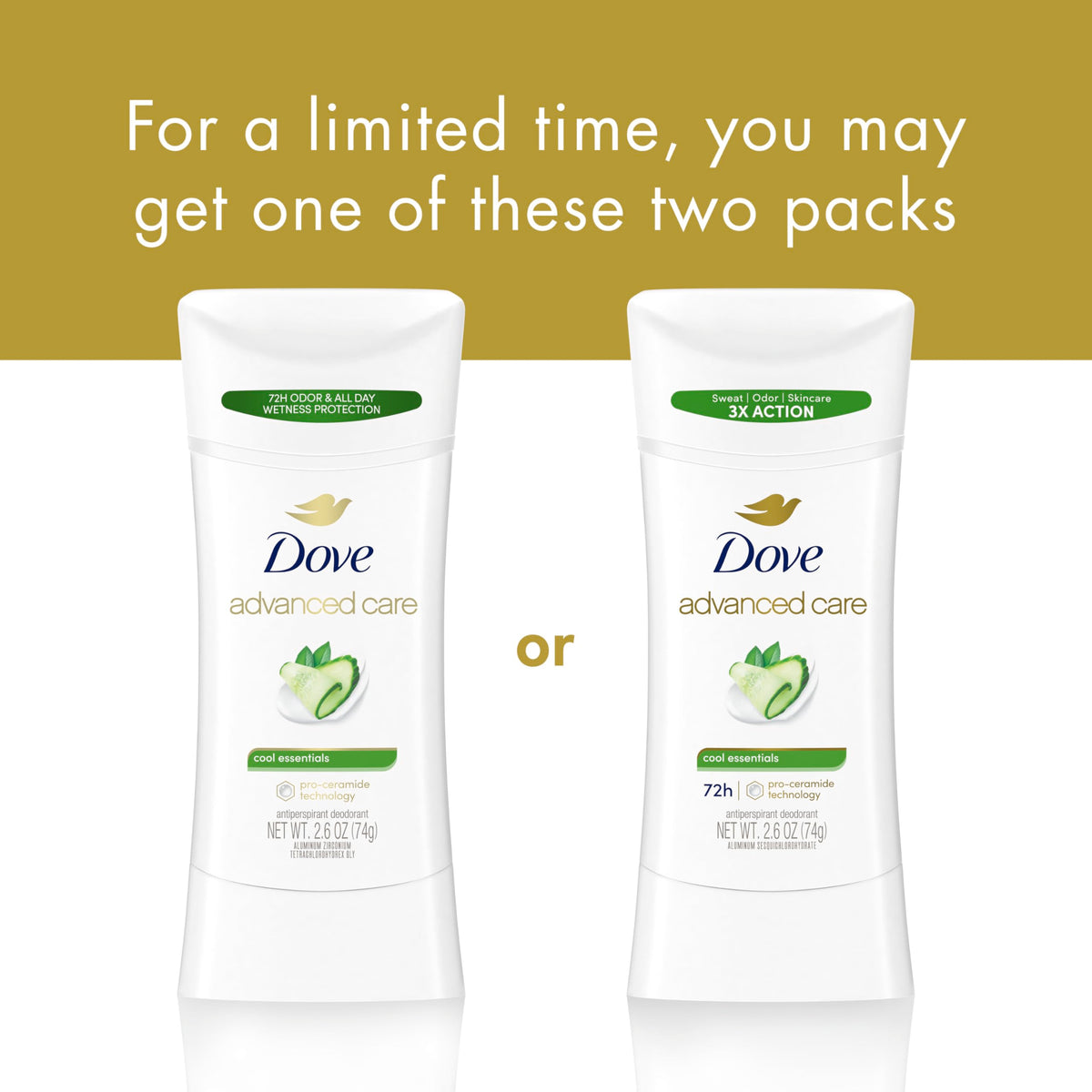 Dove Advanced Care Antiperspirant Stick showing juicy pear and cucumber scent