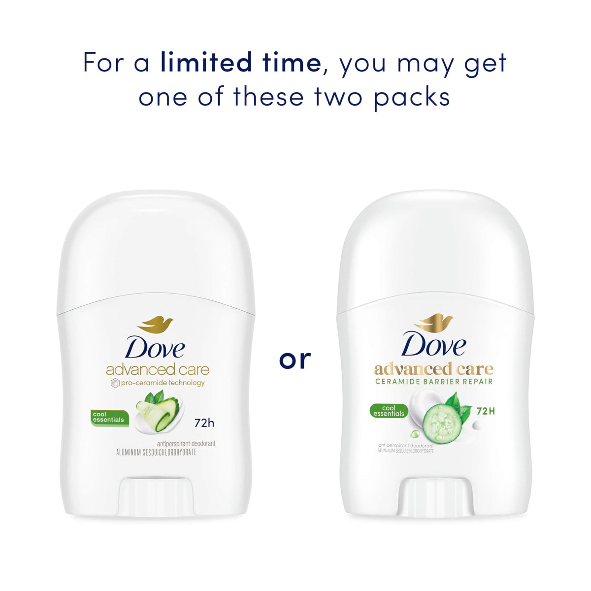Dove Advanced Care Antiperspirant Stick side view highlighting Pro Ceramide Technology