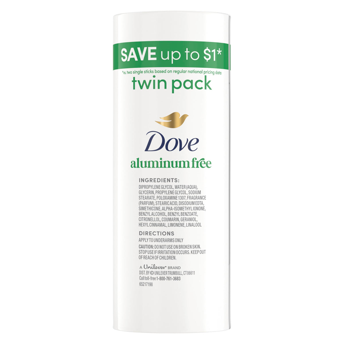 Dove Aluminum Free Deodorant Stick Cucumber & Green Tea back view