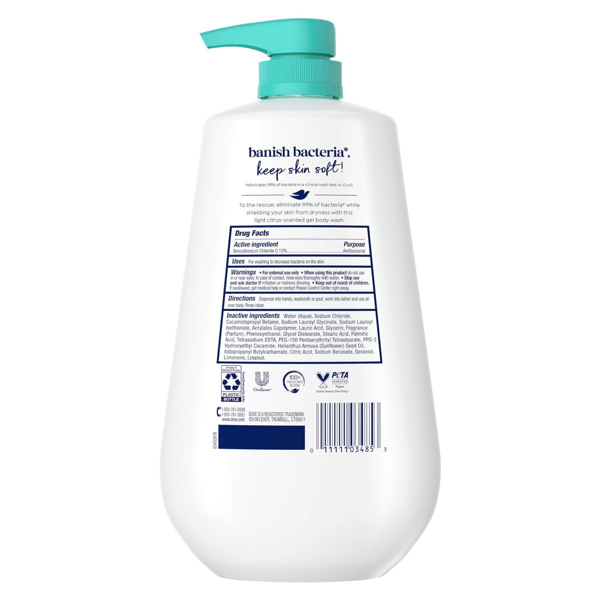 Dove Antibacterial Body Wash 30.6 oz back view showing ingredients