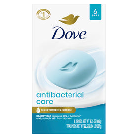 Dove Antibacterial Care Beauty Bar Soap front view, 6x 3.75 oz packaging