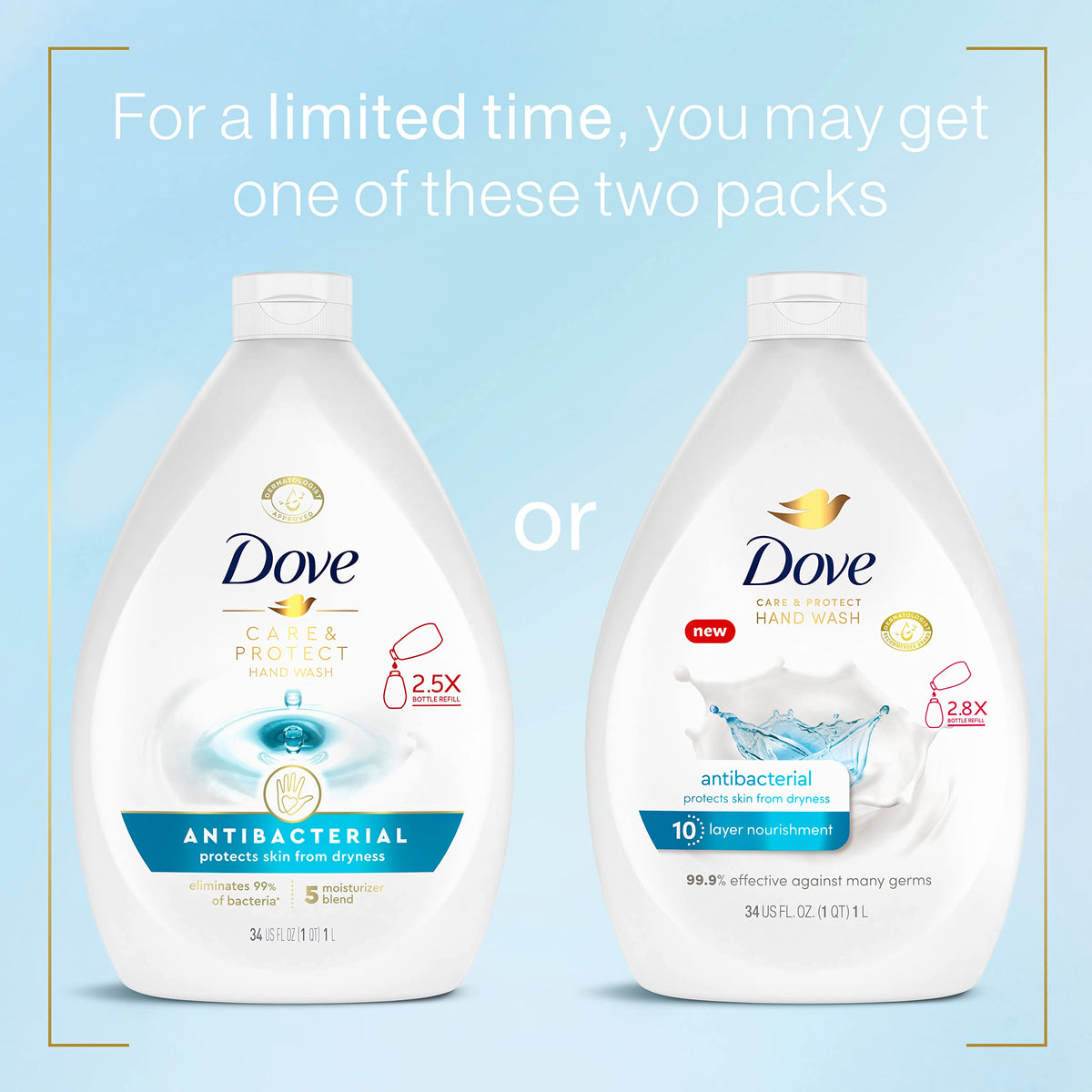 Dove Antibacterial Hand Wash Care & Protect 12oz bottle side view