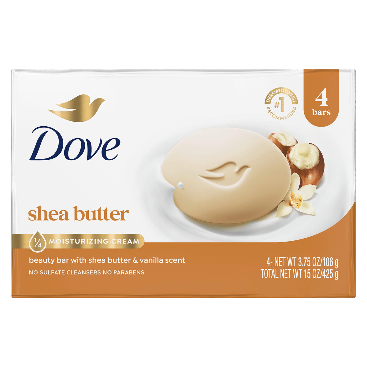 Dove Beauty Bar Soap Shea Butter 4 Count packaging front view