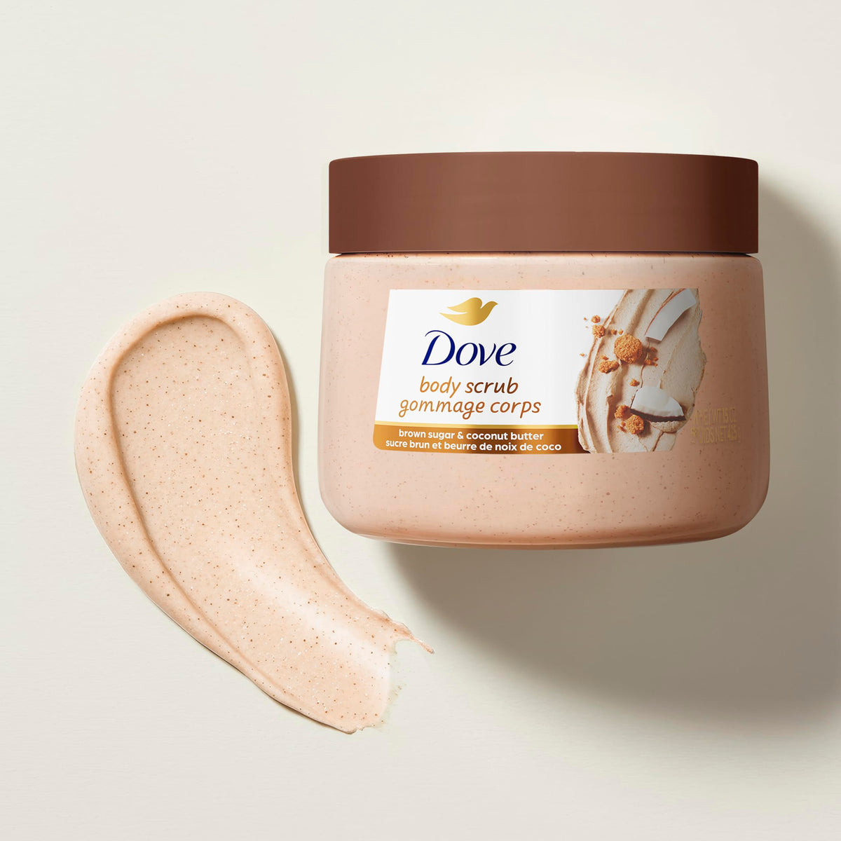 Dove Body Scrub Brown Sugar & Coconut Butter 15 oz lifestyle scene