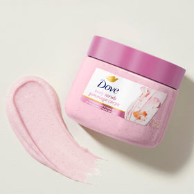 Dove Body Scrub Himalayan Salt & Rose Oil with a shower scene
